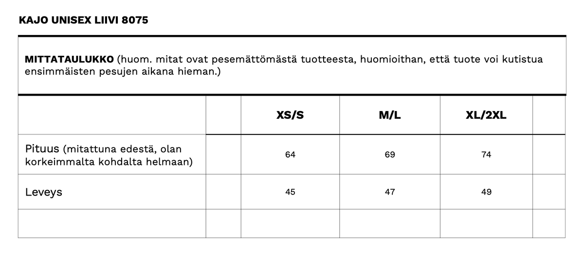 Kajo unisex toppaliivin mittataulukko