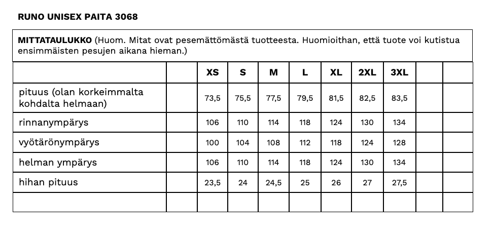 Runo unisex paidan mittataulukko