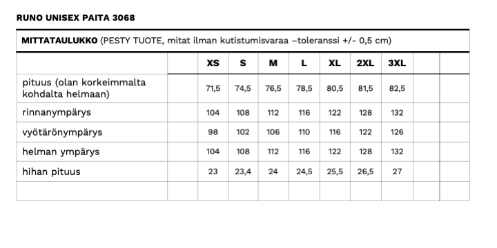 Runo unisex paidan mittataulukko
