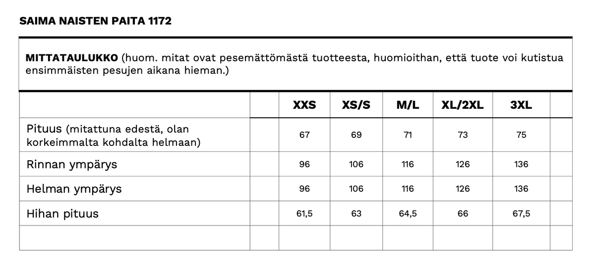 Saima naisten paitapuseron mittataulukko