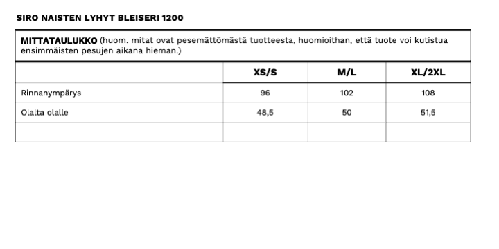 Siro naisten liivin mittataulukko