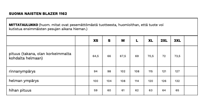Suoma naisten bleiserin mittataulukko