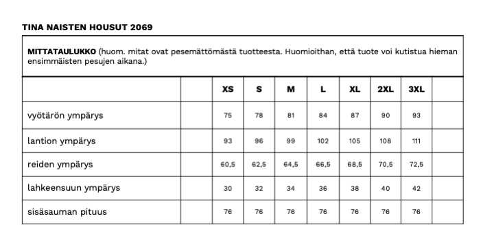 Tina naisten housujen mittataulukko