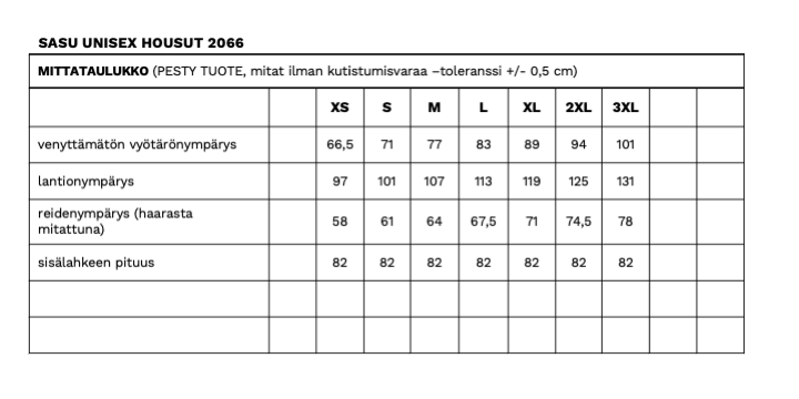 Sasu unisex housujen mittataulukko