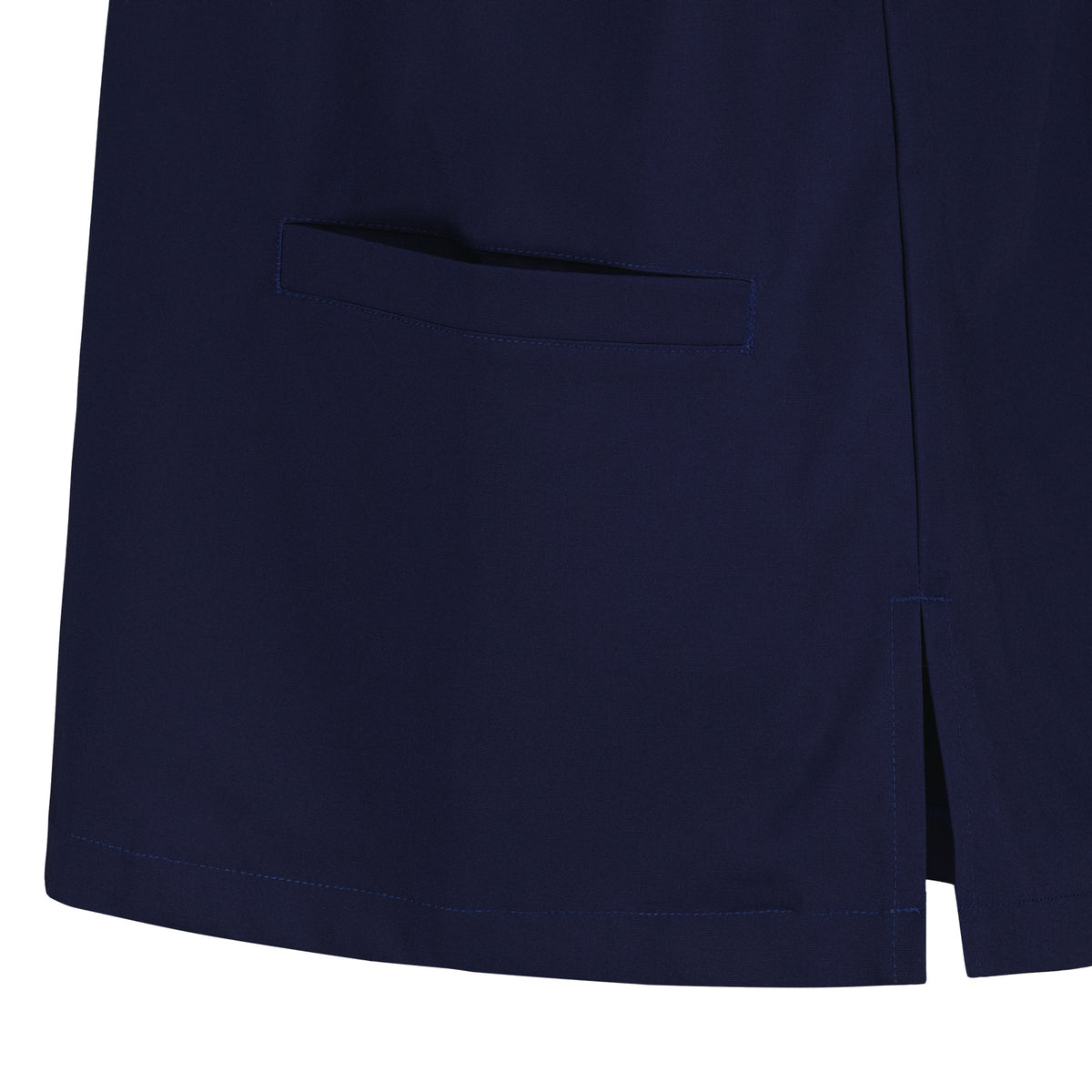 Tummansinisen Sulo unisex paidan halkio yksityiskohta