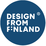 Design from Finland merkki sininen pohja ja valkoinen teksti. 
