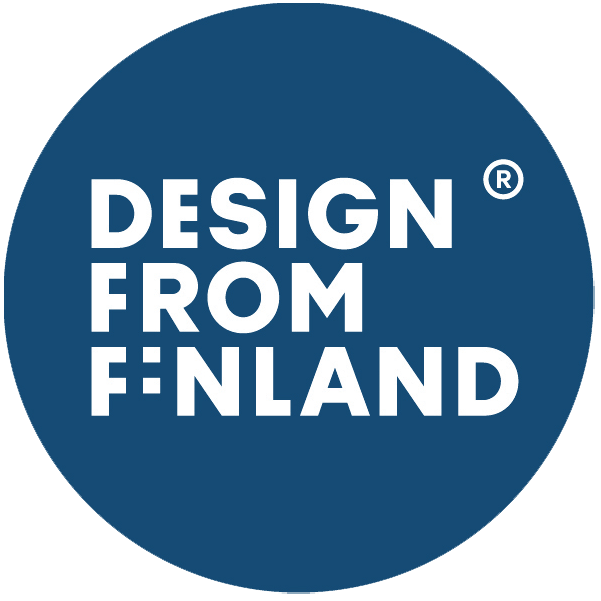 Design from Finland merkki sininen pohja ja valkoinen teksti. 