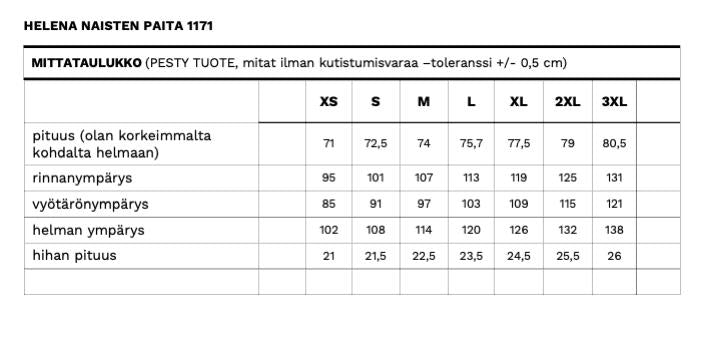Helena nasiten paidan mittataulukko