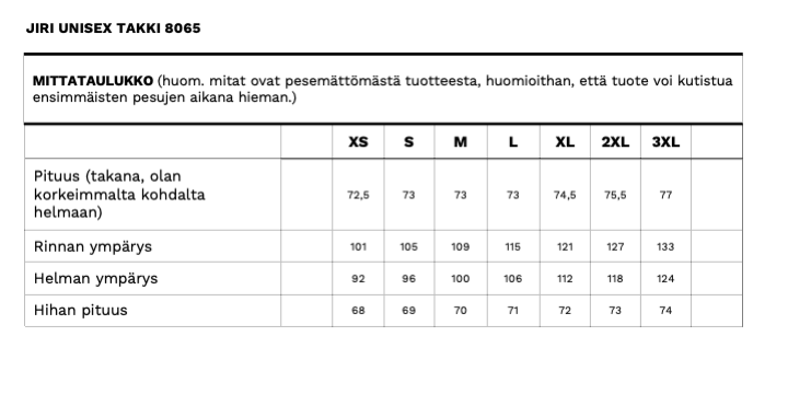 Jiri unisex takin mittataulukko