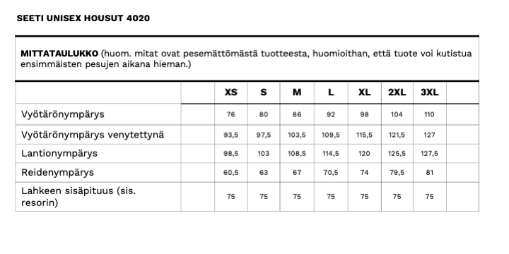 Seeti unisex housujen mittataulukko