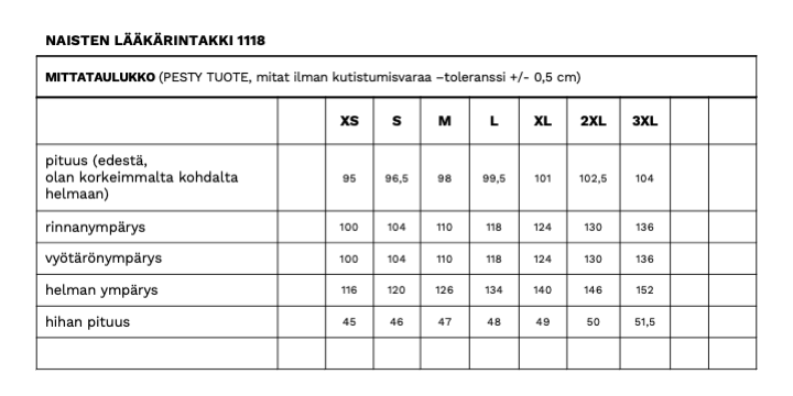 Siina naisten työtakin mittataulukko