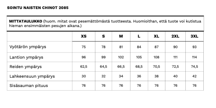 Sointu naisten chino housujen mittataulukko