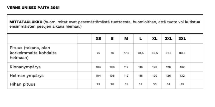 Verne unisex paidan mittataulukko