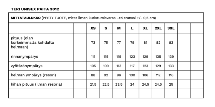 Teri paidan mittataulukko
